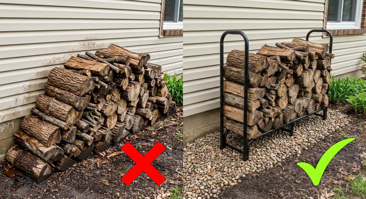 stacking firewood against house