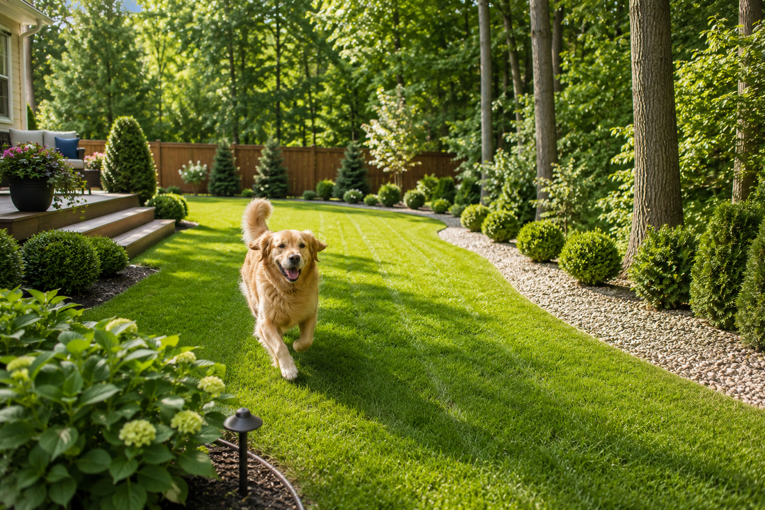 Happy golden retriever in a lush garden