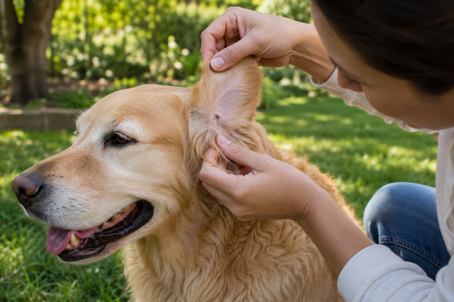 Inspecting a dog's ear outdoors for ticks