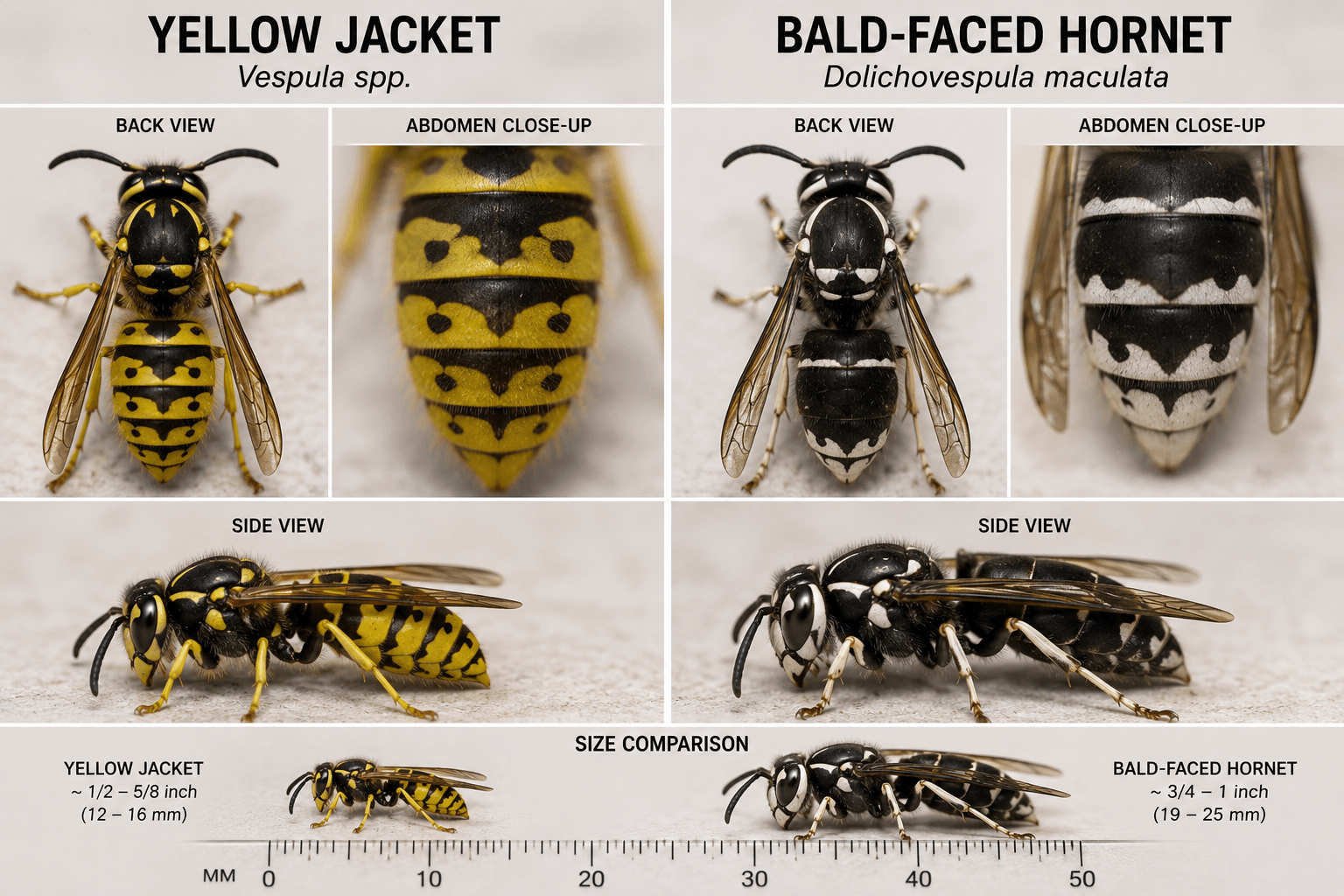 Close-up comparison of a yellow jacket and a bald-faced hornet