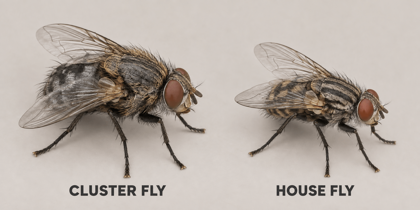 Cluster flies are typically more robust and sluggish, while house flies show four dark stripes on the thorax and move more quickly