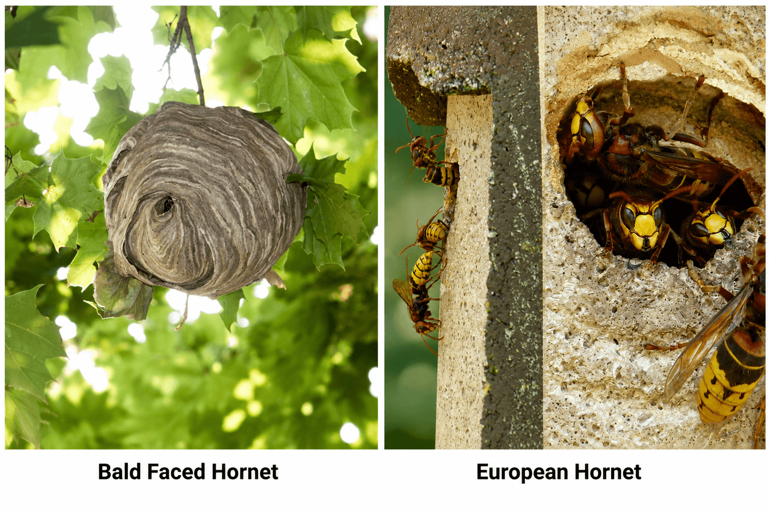 Side-by-side comparison of a bald-faced hornet nest and a European hornet nest