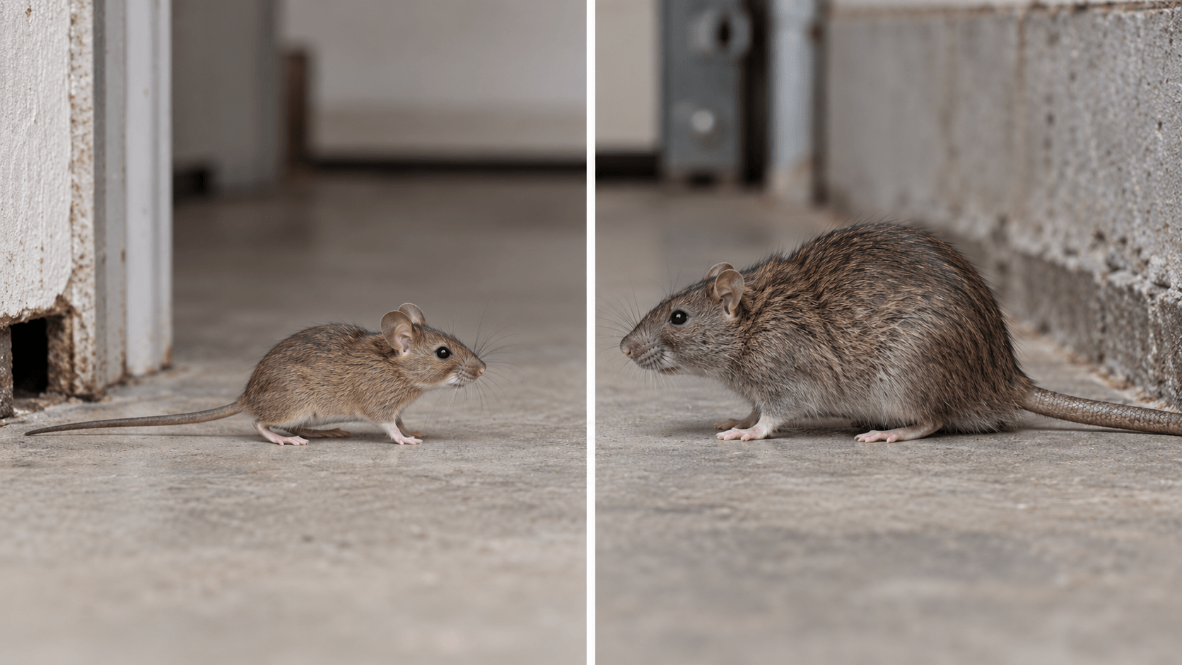 Side-by-side comparison of a house mouse and a Norway rat