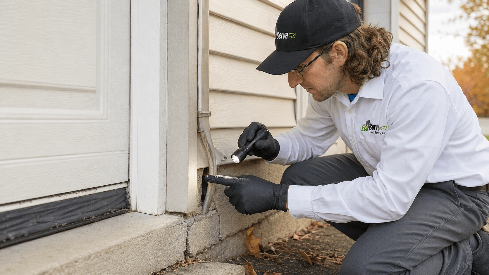 Service specialist inspecting common rodent entry points