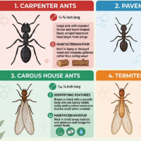 Google Gemini graphic created depicting differences in appearance and habits of termites, ants, and spiders