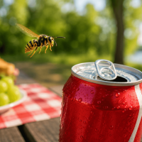 yellow jacket hovering soda can