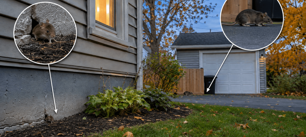 Early-fall WNY home at dusk with a mouse near a foundation opening and signs of rat activity near a garbage