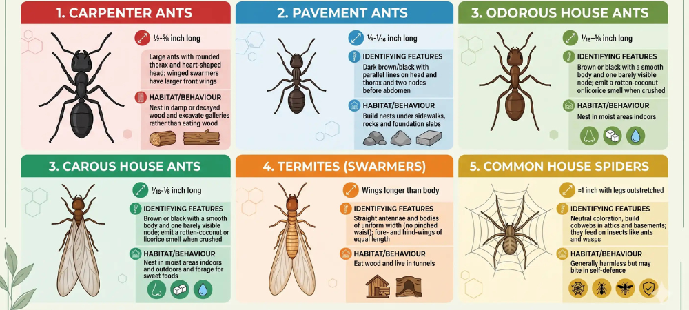 Google Gemini graphic created depicting differences in appearance and habits of termites, ants, and spiders