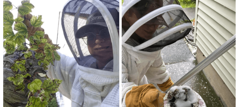 An Eco Serve service specialist inspects a potential yellow jacket nesting area and discusses treatment options with a homeowner.