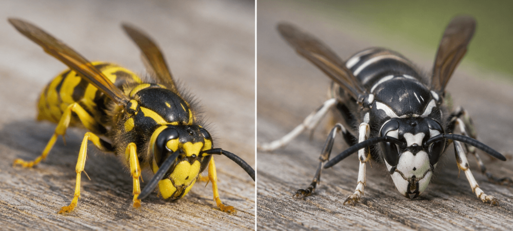 Side by side close up of a yellow jacket and a bald-faced hornet