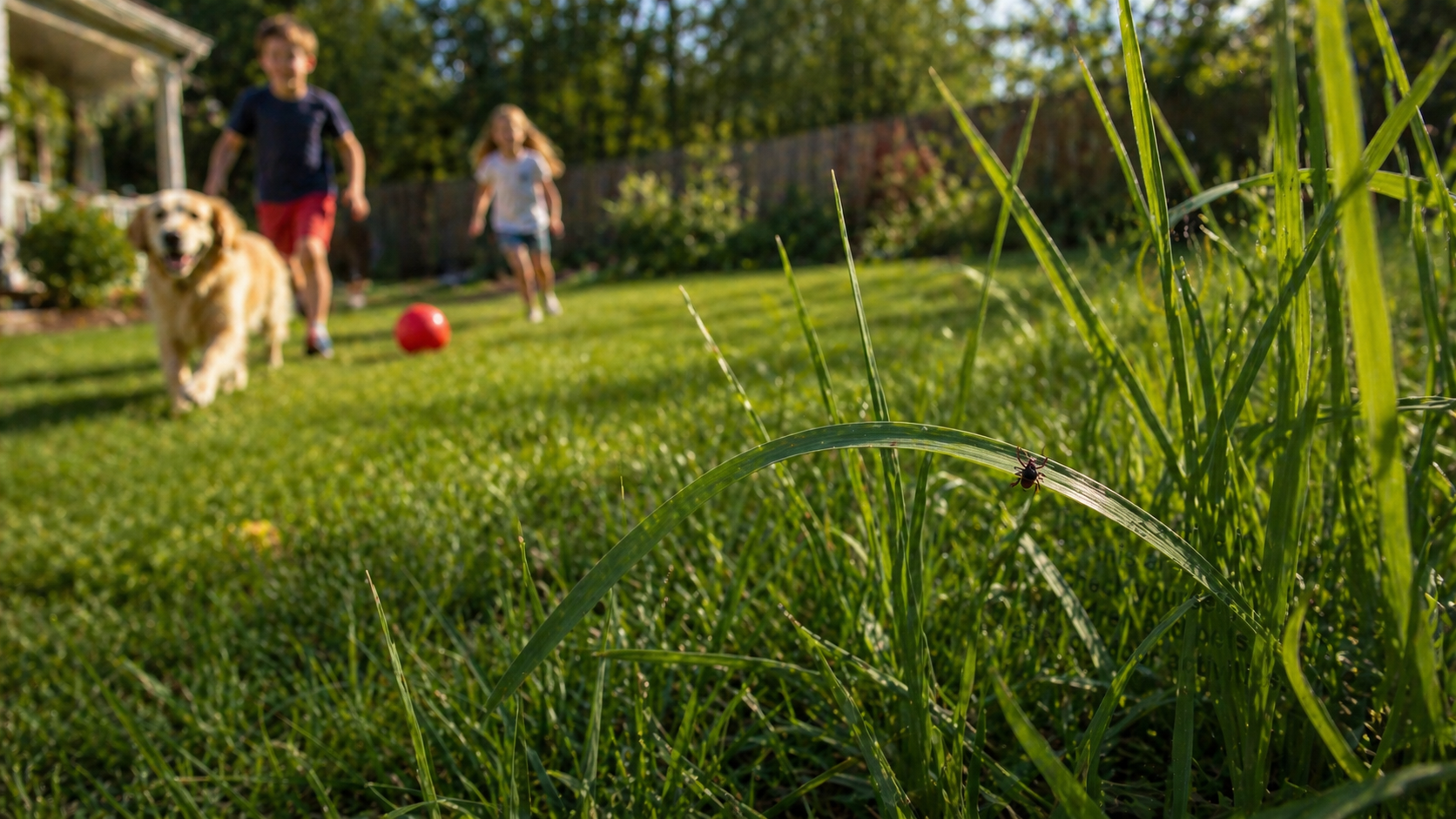 kids and a dog playing in a yard