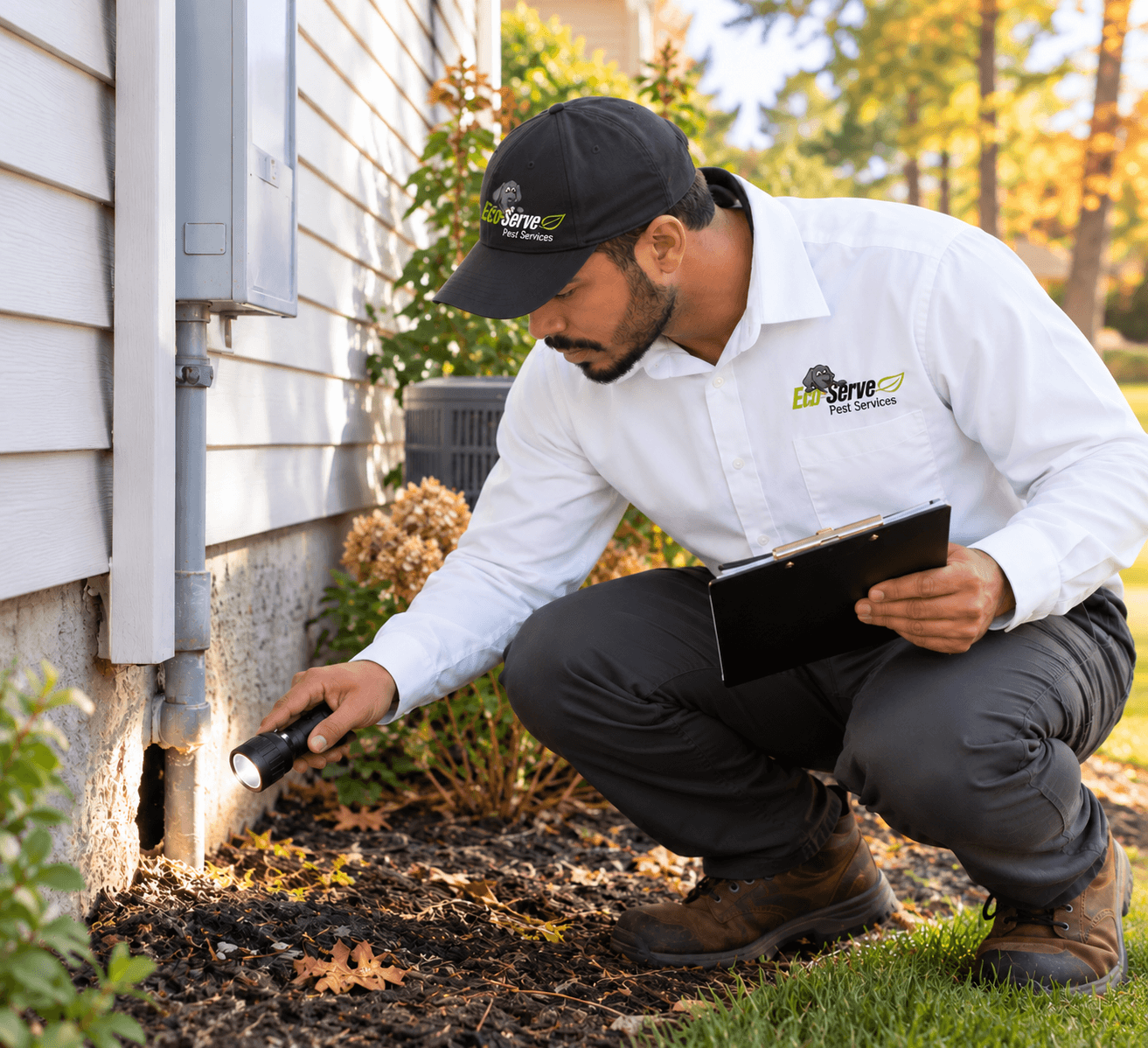 Eco Serve service specialist performing a rodent inspection at a home
