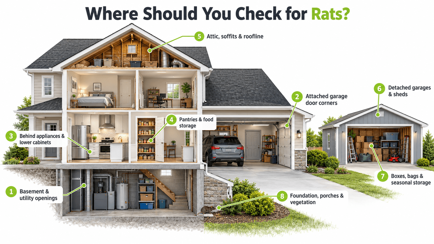 Common places to check for rat activity around a home, including basements, garages, storage areas, kitchens, attics, sheds, and the exterior