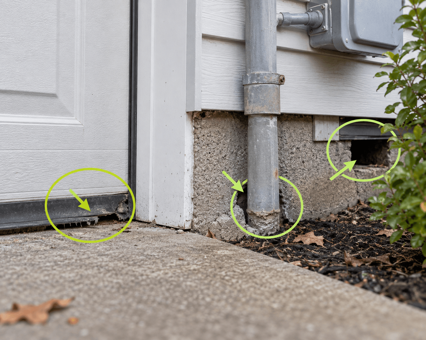 Garage door, foundation gaps, vents, and utility openings that rats may use to enter a home