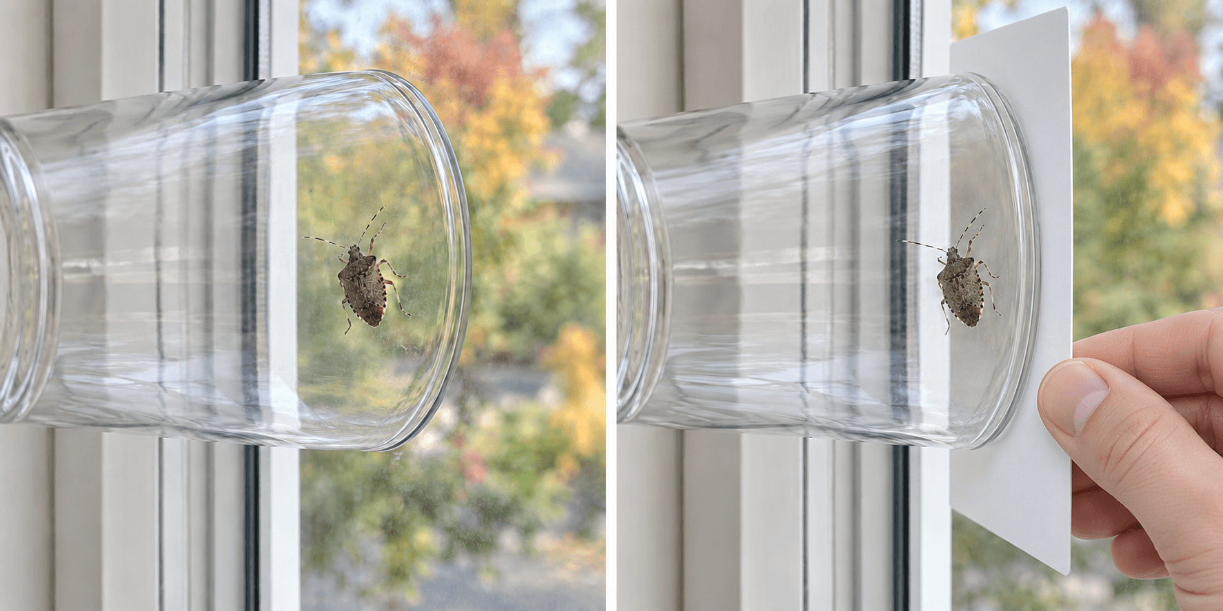 A clear cup placed over a stink bug with a stiff card slid underneath to contain it