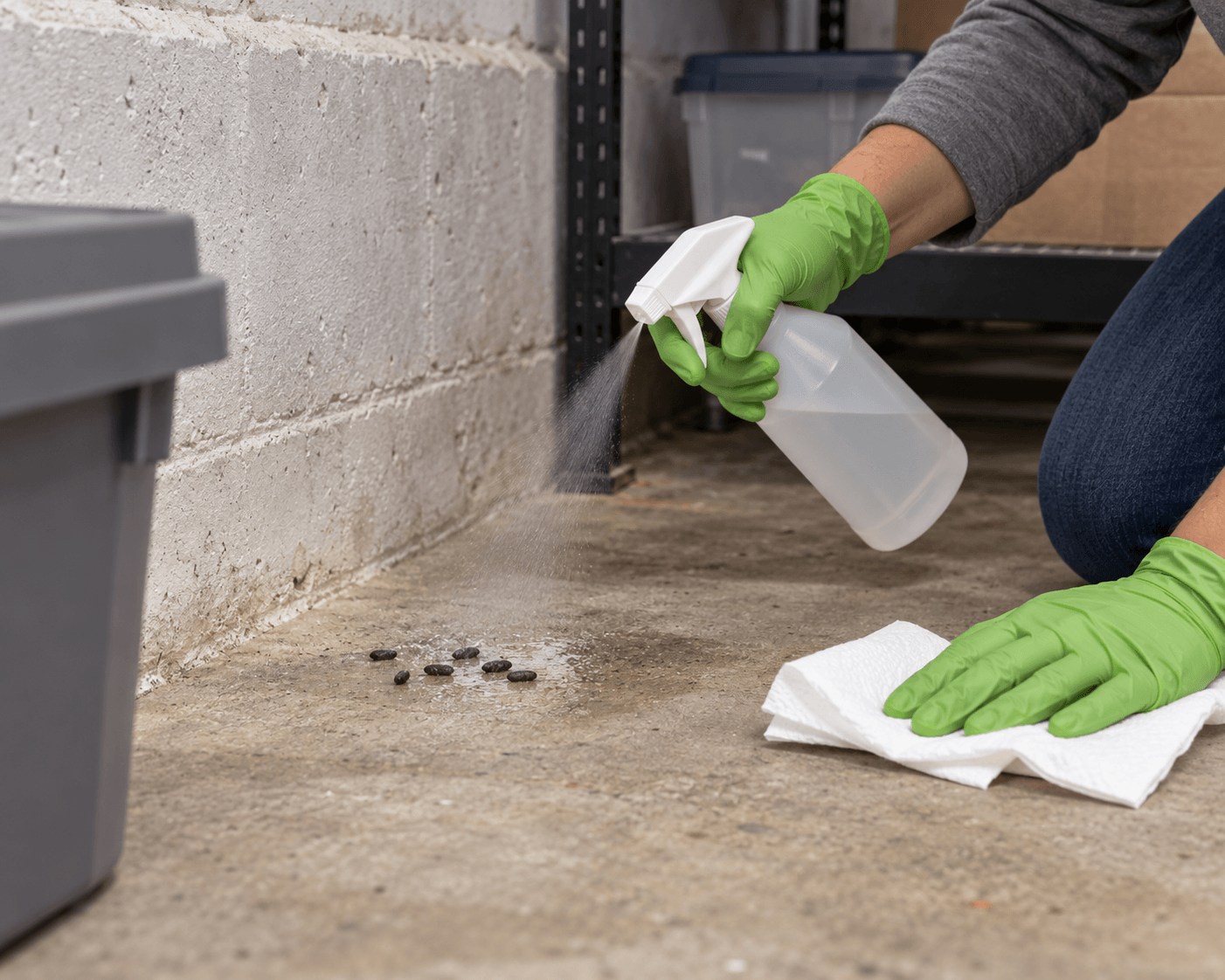 Wet rodent droppings being treated with disinfectant before cleanup