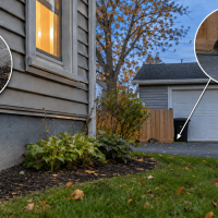 Early-fall WNY home at dusk with a mouse near a foundation opening and signs of rat activity near a garbage