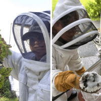 An Eco Serve service specialist inspects a potential yellow jacket nesting area and discusses treatment options with a homeowner.